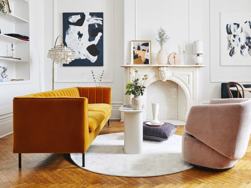 Channeled Back Burnt Orange Velvet Sofa in Modern Room