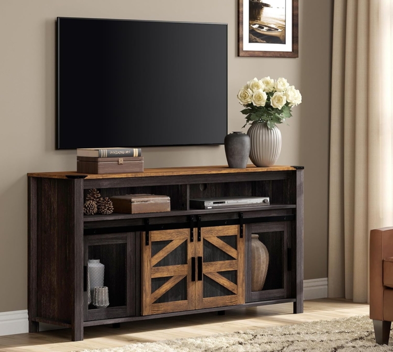 Charcoal and Oak TV Stand with Sliding Barn and Mesh Doors