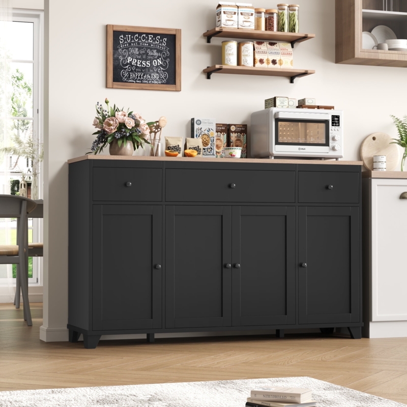 Charcoal Black Sideboard with Wood Top and Three Drawers