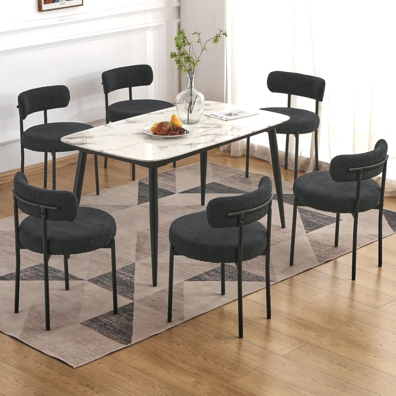 Charcoal Boucle Dining Chairs Curved Back Mid Century Set