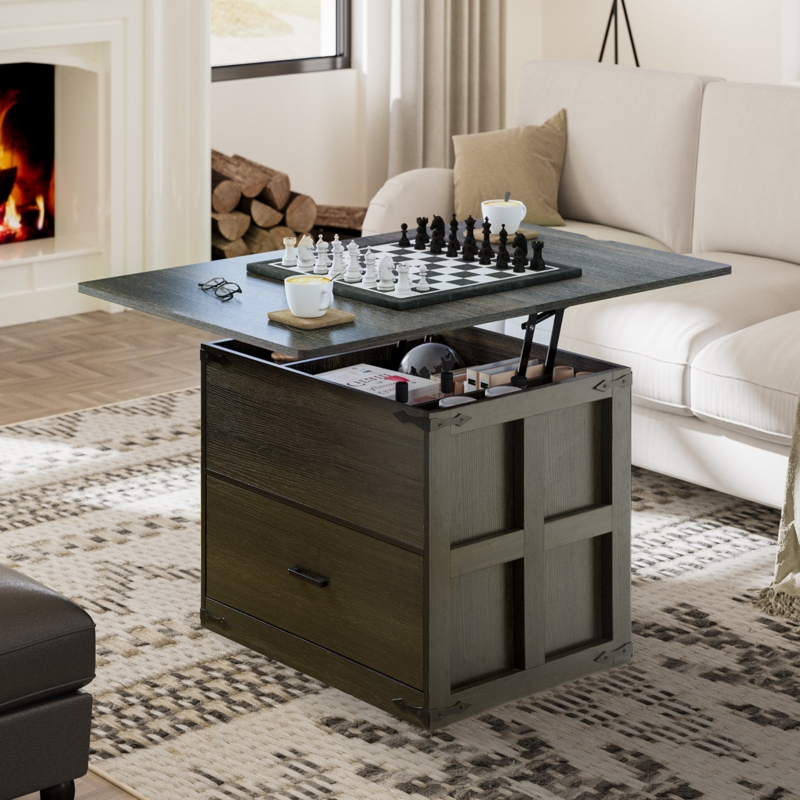 Charcoal Brown Lift Top Coffee Table, Paneled Sides with Bottom Drawer