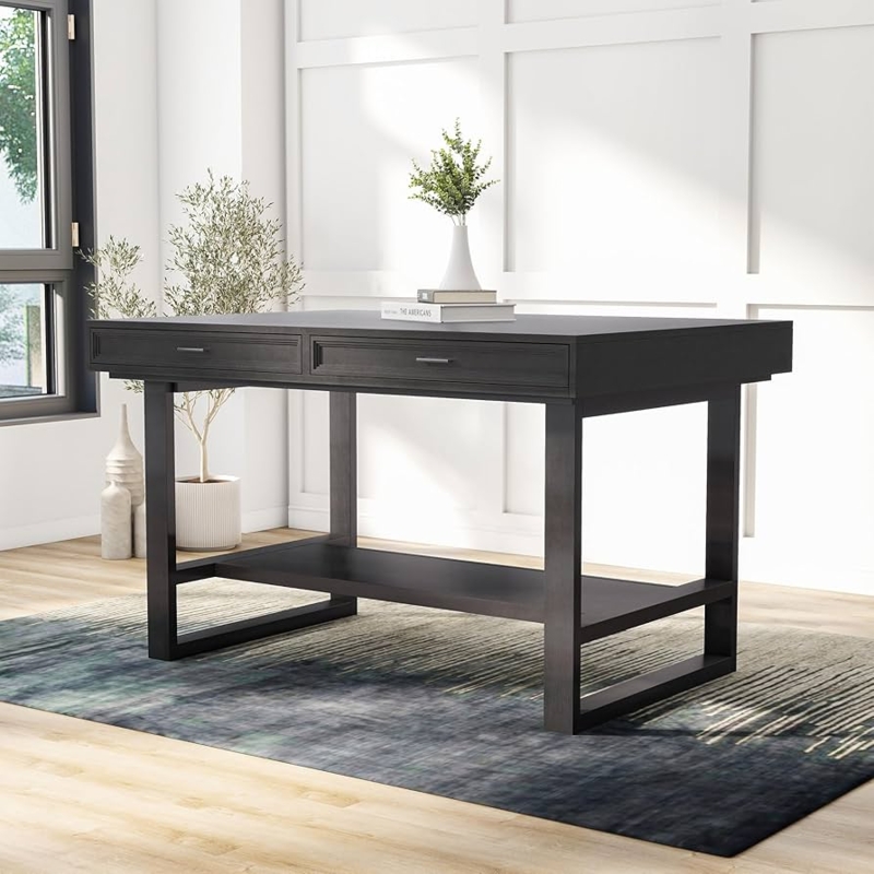 Charcoal Counter Height Table with Storage Drawers and Lower Shelf