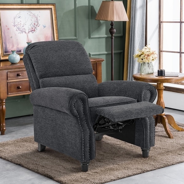Charcoal Gray Chenille Pushback Recliner with Silver Nailhead Trim