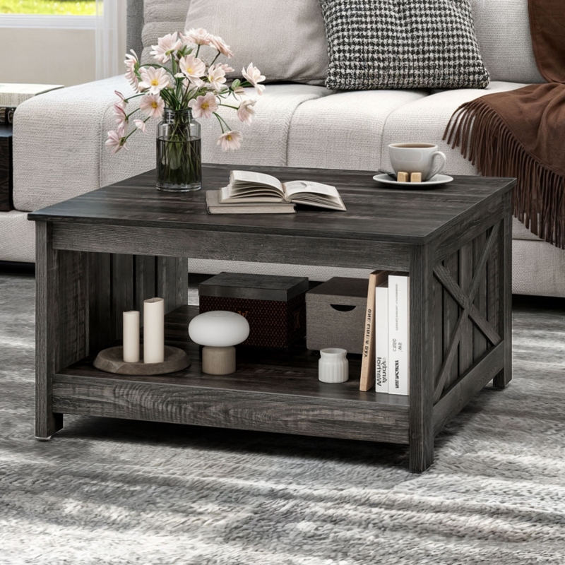 Charcoal Gray Coffee Table X-Brace Sides Open Shelf Storage