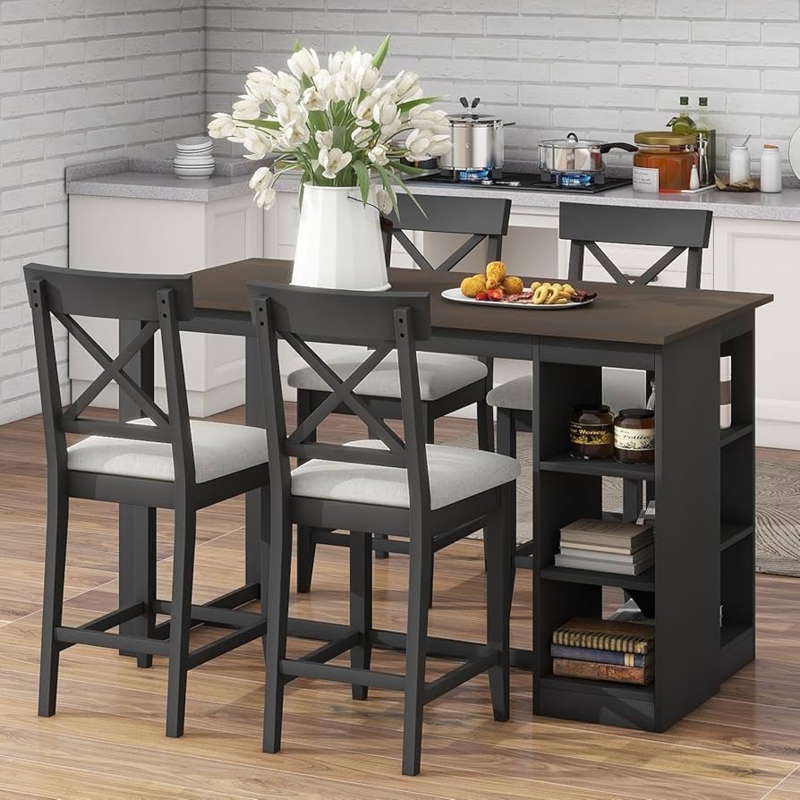 Charcoal Gray Counter Height Dining Set 3-Tier Storage Shelves