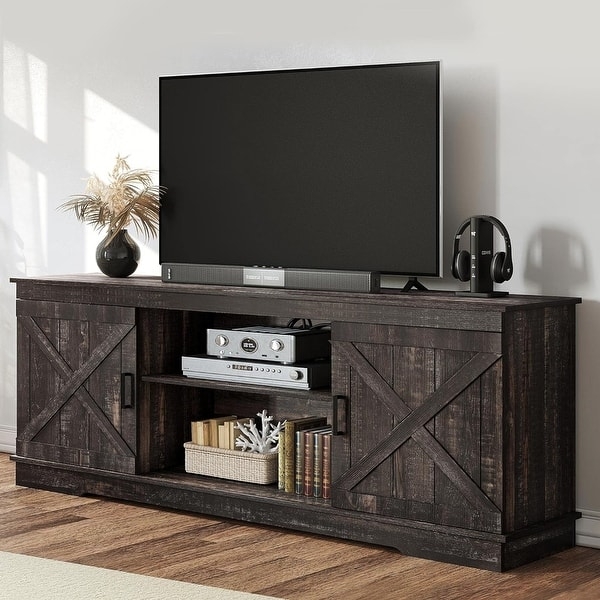 Charcoal Gray Farmhouse TV Stand Sliding Barn Doors Storage