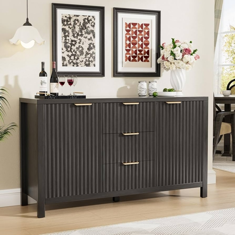 Charcoal Gray Fluted Sideboard with Gold Bar Pull Hardware