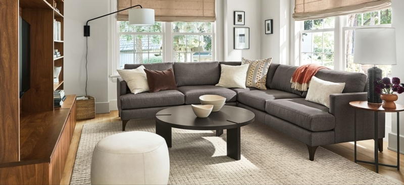 Charcoal Gray L-Shaped Sectional Sofa with Tapered Legs & Woven Shades