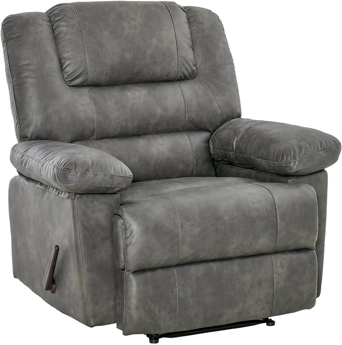 Charcoal Gray Manual Recliner with Segmented Back and Overstuffed Arms.