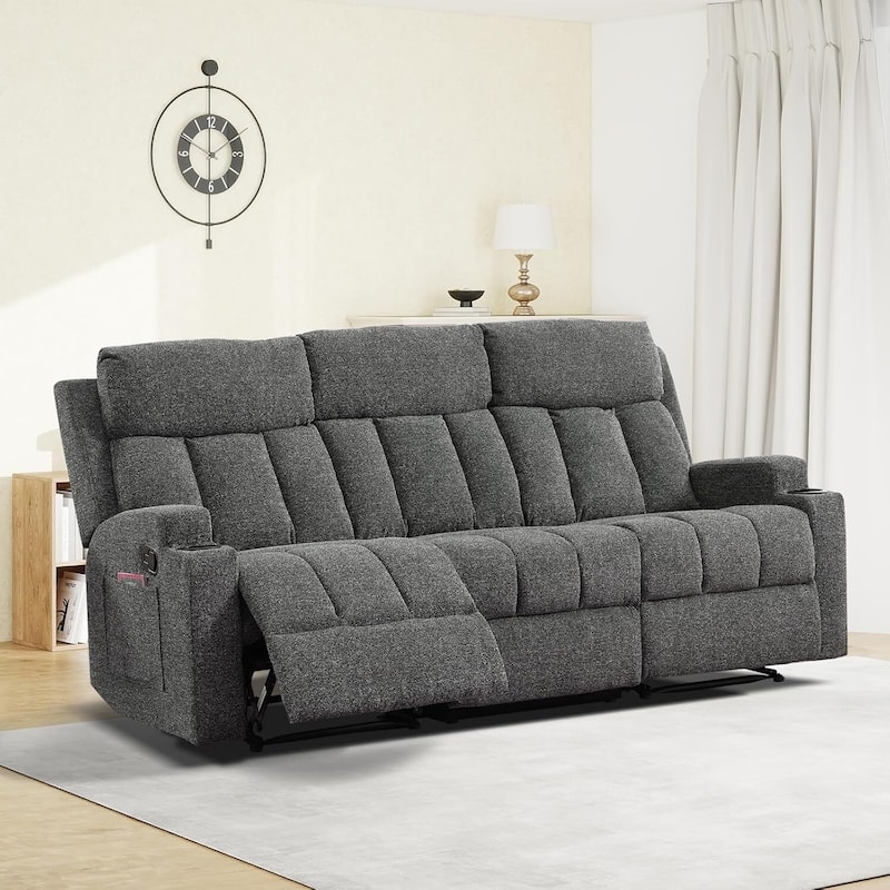 Charcoal Gray Recliner Sofa Manual Overstuffed Heathered Fabric