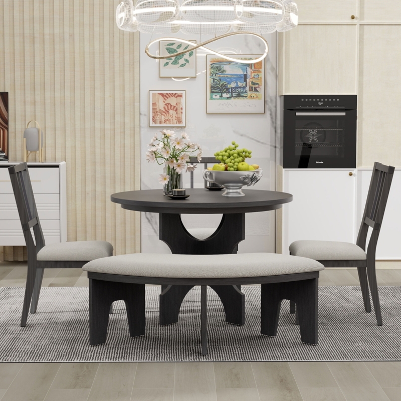 Charcoal Gray Round Dining Set with Curved Bench, Slat Back Chairs
