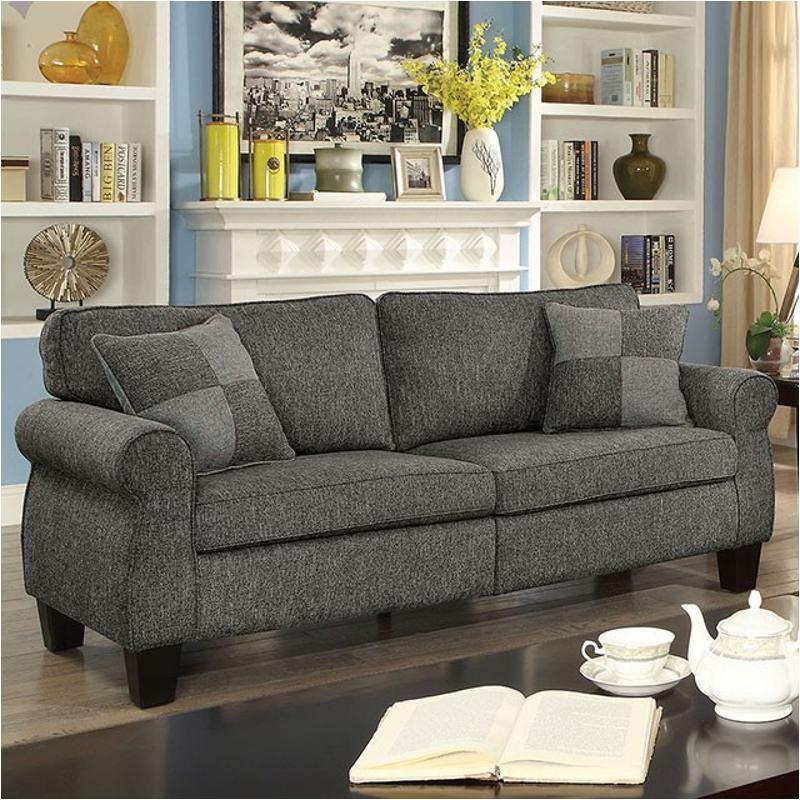 Charcoal Gray Sofa with Rolled Arms and Checkered Pillows