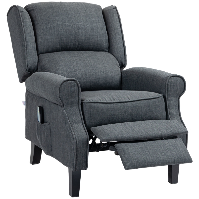 Charcoal Gray Wingback Recliner with Massage Remote and Side Pocket