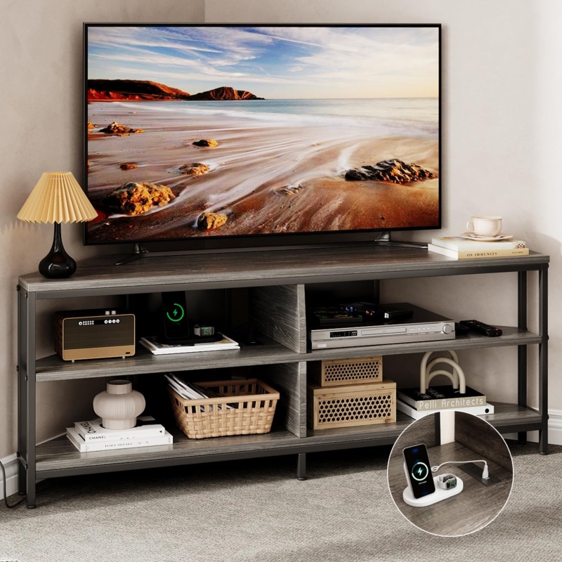 Charcoal Grey Corner TV Stand Three Tier Open Shelving