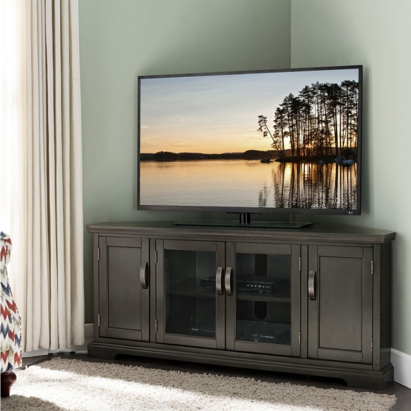 Charcoal Grey Corner Tv Stand with Glass Inlay Doors and Bracket Feet.