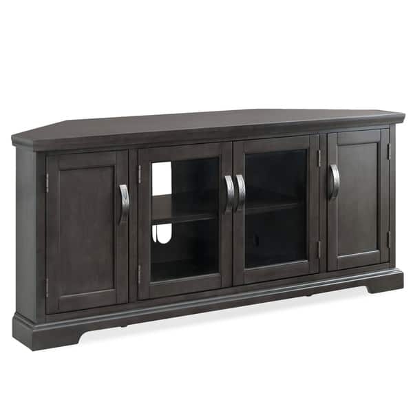 Charcoal Grey Corner Tv Stand with Mixed Door Fronts and Arched Pulls.