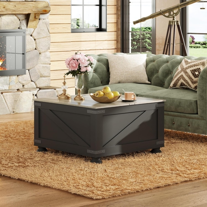 Charcoal Grey Lift Top Coffee Table, Contrasting Wood Top and Bun Feet