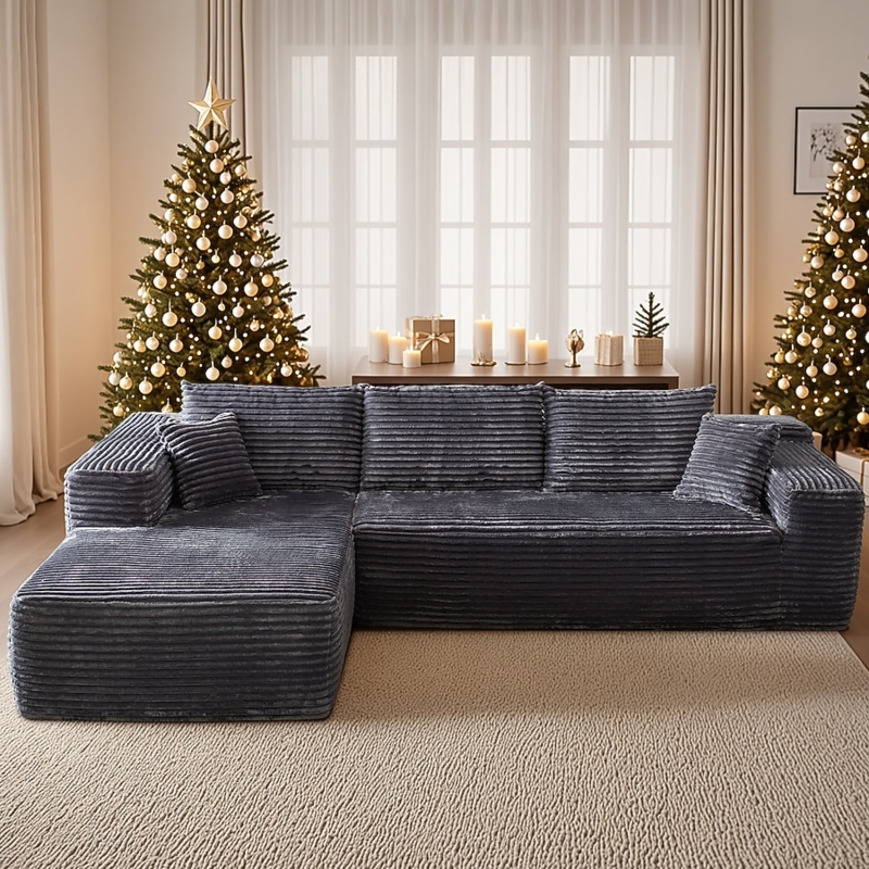 Charcoal Grey Plush Corduroy Sectional with Left Facing Chaise