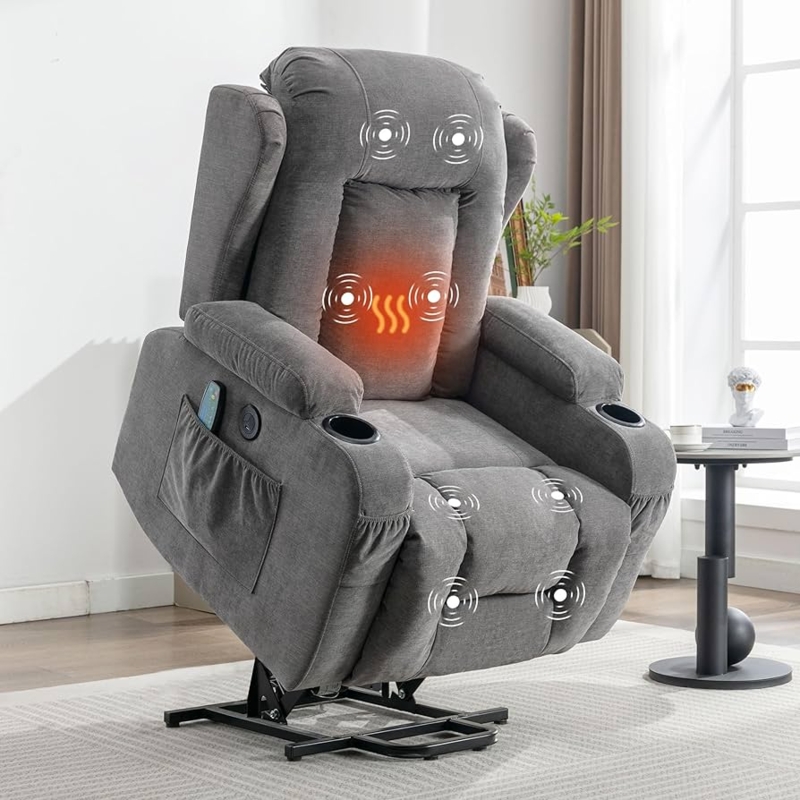 Charcoal Grey Power Lift Recliner Linen Like Fabric Tiered Backrest