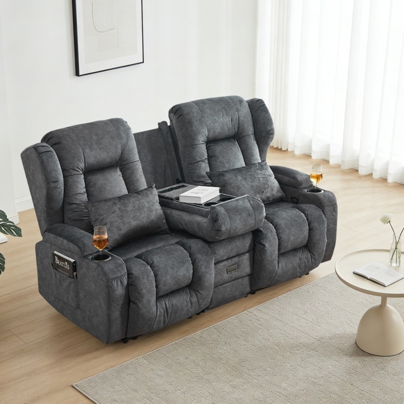 Charcoal Grey Reclining Loveseat Center Console Wingback Design