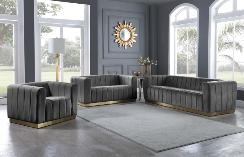 Charcoal Grey Velvet Living Room Set with Gold Plinth Base