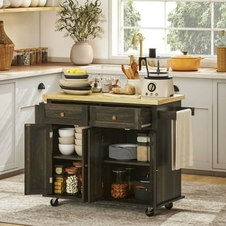Charcoal Kitchen Island Cart with Wood Top and Integrated Side Racks