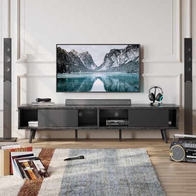 Charcoal Media Console with Tapered Legs and Sliding Doors