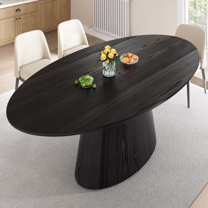 Charcoal Oval Dining Table with Prominent Wood Grain Pedestal