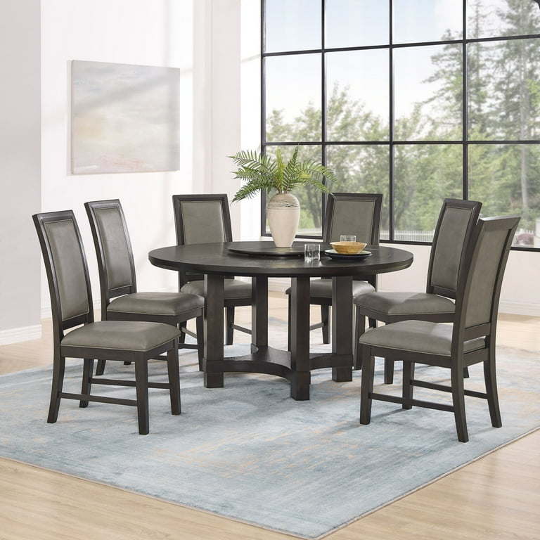 Charcoal Pedestal Dining Set with Grey High-Back Upholstered Chairs