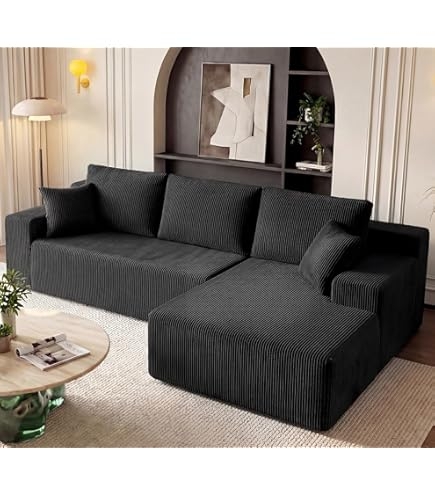 Charcoal Ribbed Sectional Sofa with Oversized Ottoman