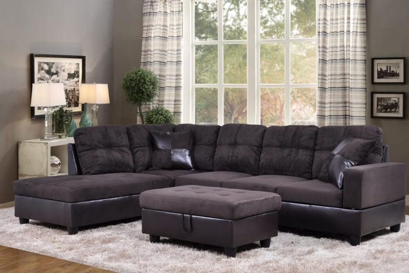 Charcoal Sectional Sofa with Storage Ottoman and Tufted Back