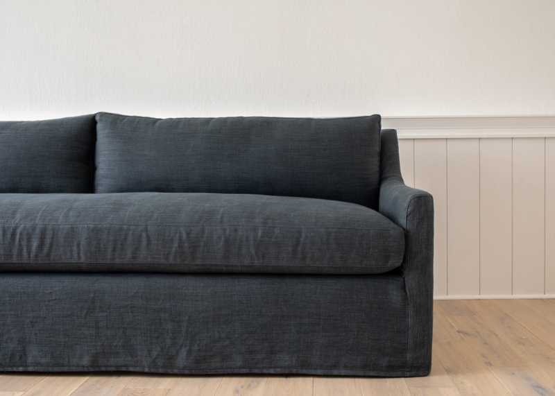 Charcoal Slipcovered Sofa with Single Bench Cushion and Track Arms