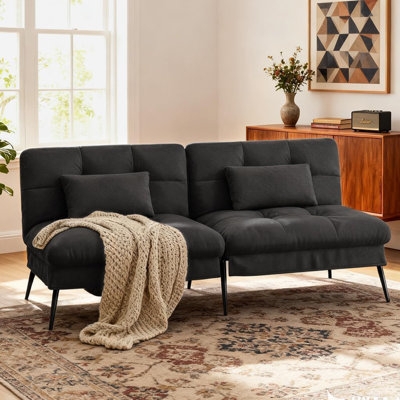 Charcoal Split-Back Futon with Tufted Upholstery and Metal Legs