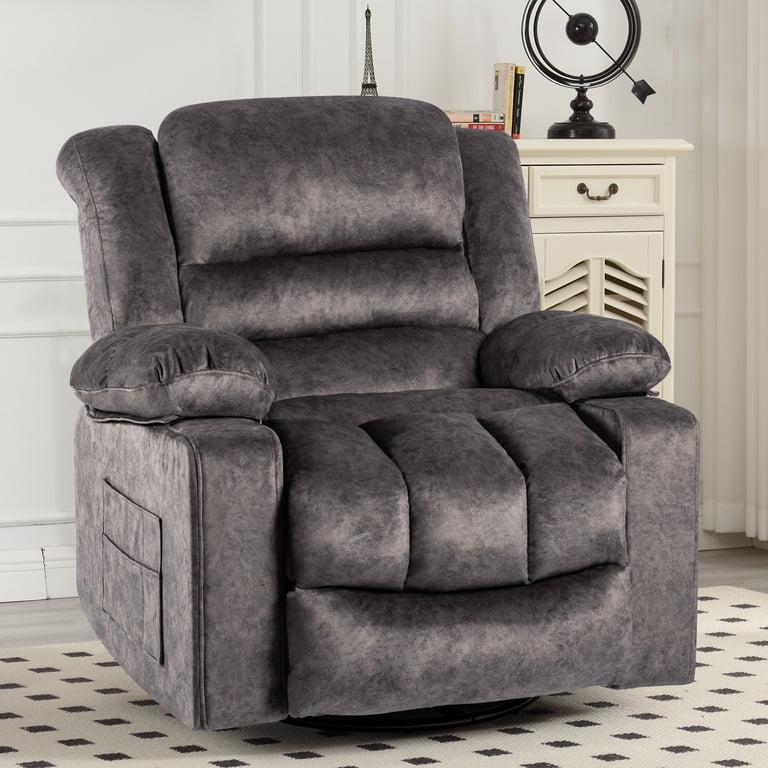 Charcoal Swivel Recliner Chair with Side Pocket, Mottled Chenille