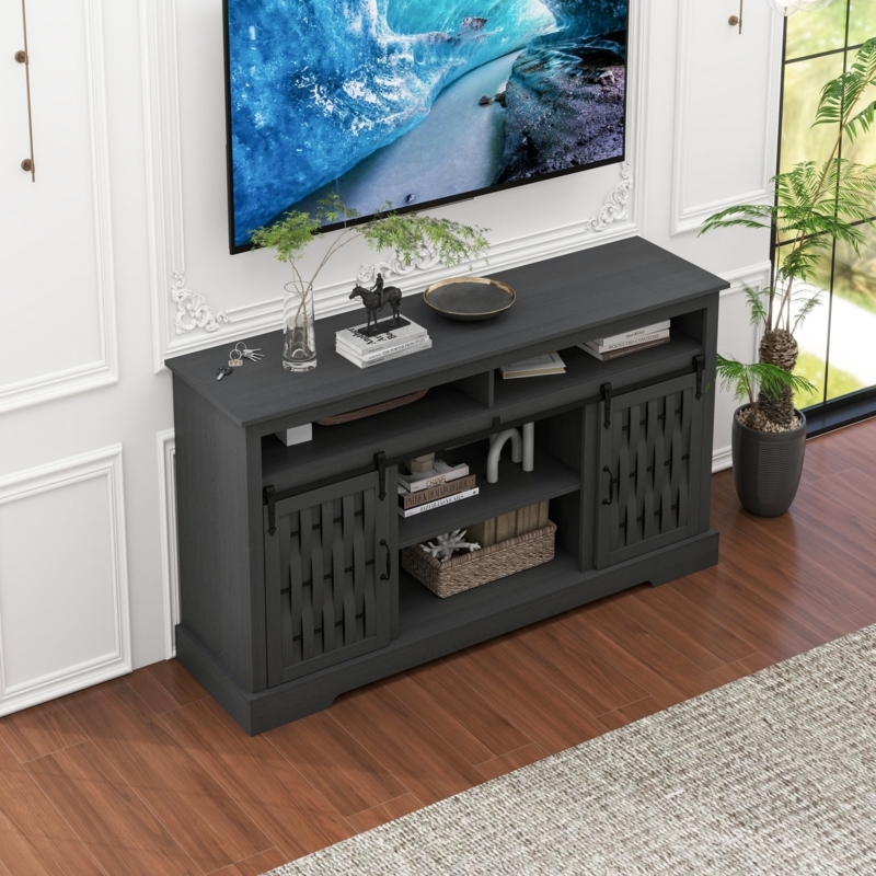 Charcoal TV Stand Sliding Slatted Doors Electric Fireplace Console