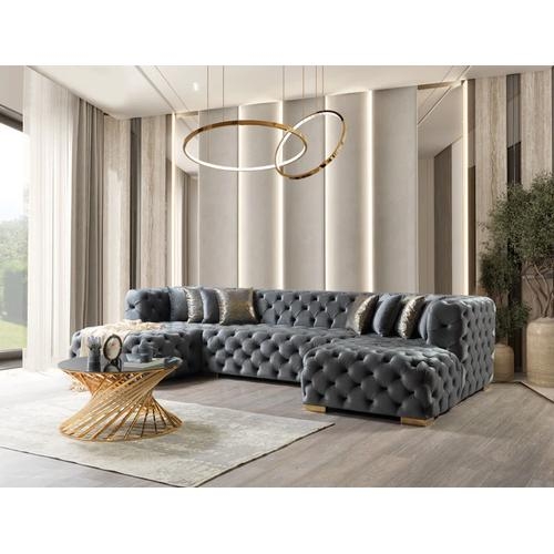 Charcoal Velvet U-Shaped Sectional with All-Over Button Tufting