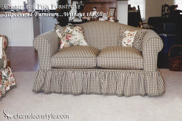 Checkered Camel Back Loveseat with Ruffled Skirt and Cottage Style
