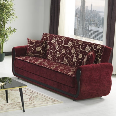 Chenille Flared Arm Sofa Burgundy Upholstered with Black Scroll Trim