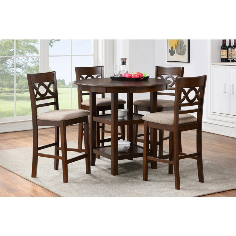 Cherry Counter Height Dining Set with Storage, Interlocking Circle Backs.