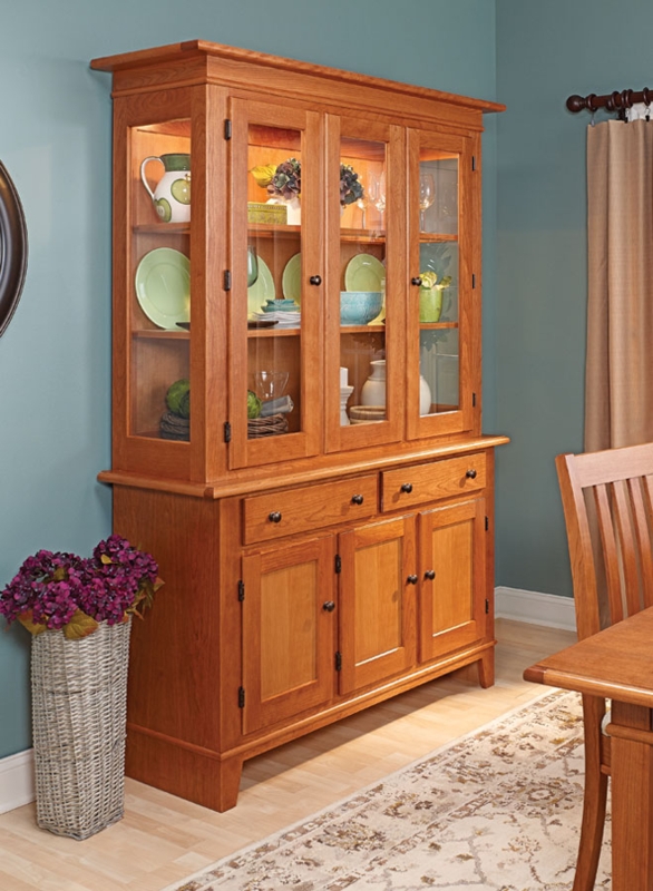 Cherry Wood Hutch with Four-Door Glass Top and Raised Panels