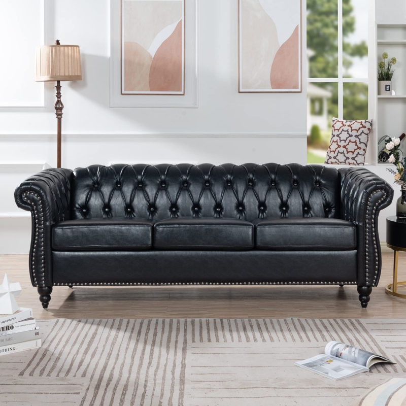 Chesterfield Sofa, Black Faux Leather Button Tufted with Nailhead Trim