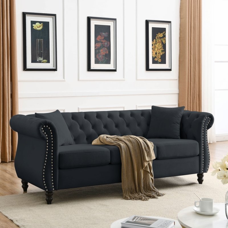 Chesterfield Sofa Black Velvet Button Tufted Back Silver Nailhead Trim