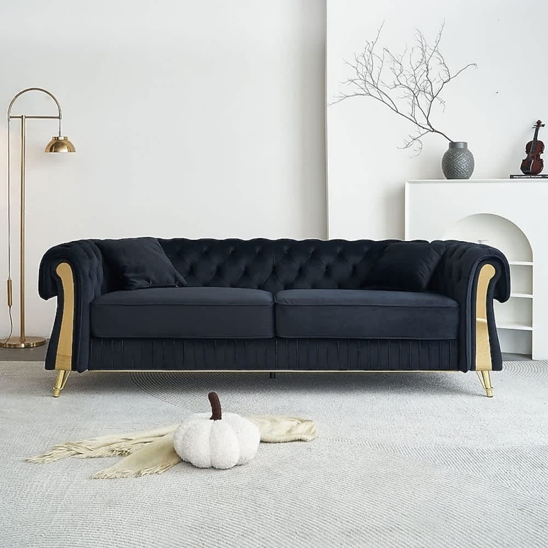 Chesterfield Sofa Black Velvet Gold Metal Trim Luxury Tufted Couch