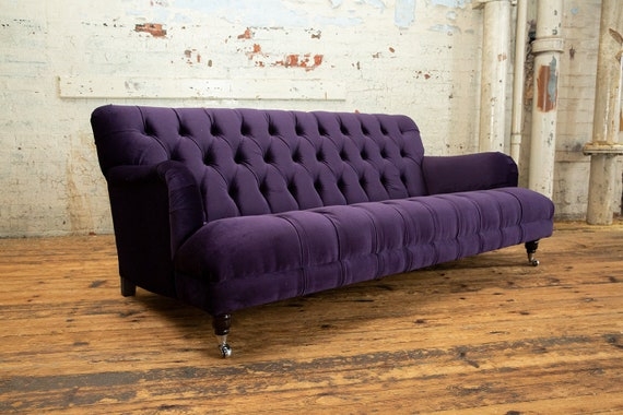 Chesterfield Sofa Deep Button Tufting 3 Seater Purple Velvet