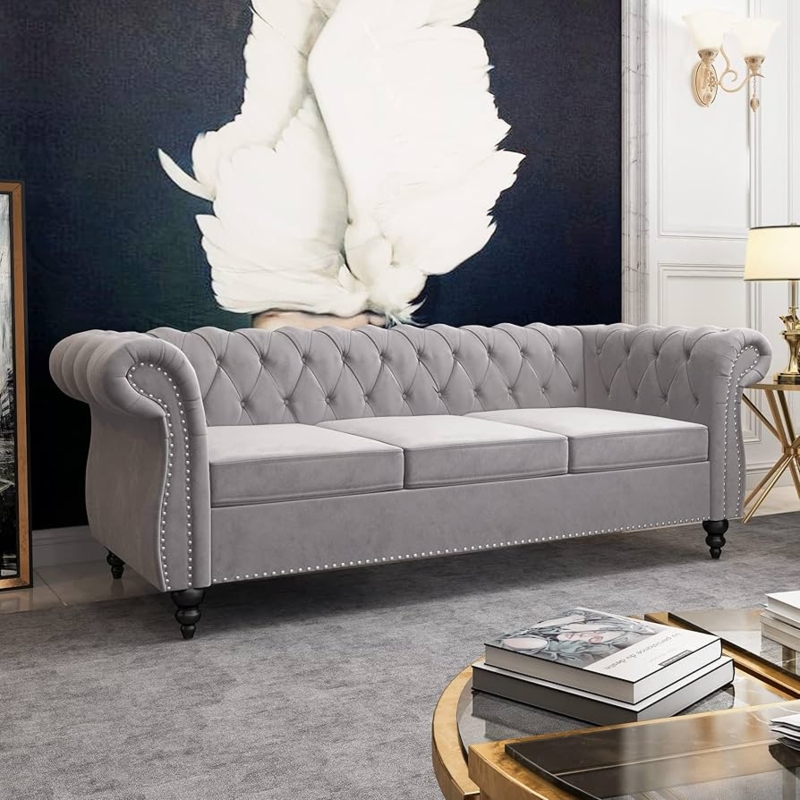 Chesterfield Sofa featuring Silver Nailhead Trim and Modern Glam Style