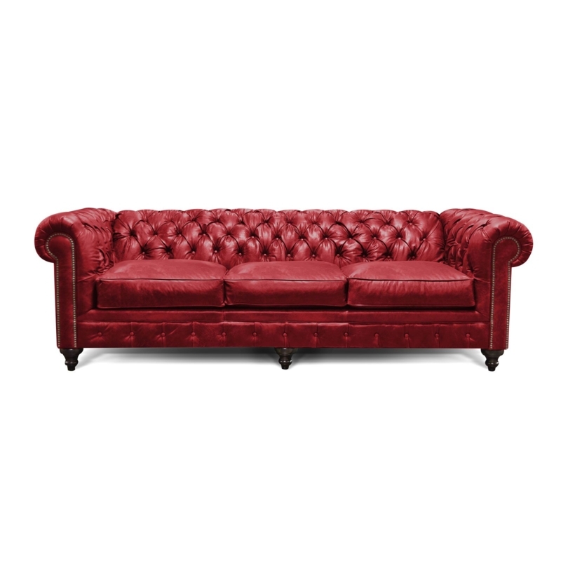 Chesterfield Sofa in Barn Red Leather-Like Fabric, Deep Tufted