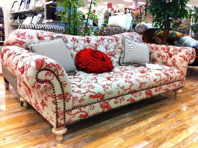 Chesterfield Sofa in Red Bird & Branch Floral Print with Button Tufting
