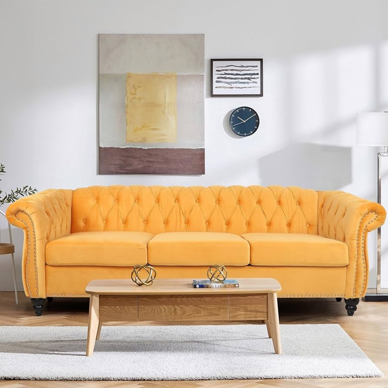 Chesterfield Sofa in Yellow Velvet with Diamond Tufting & Nailhead Trim