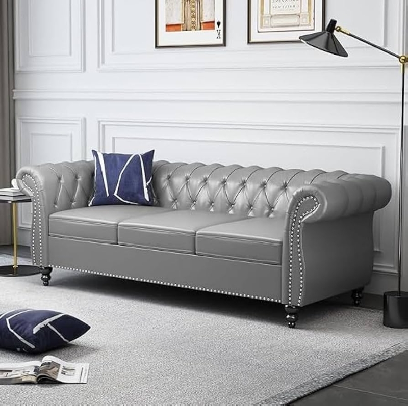 Chesterfield Sofa Leather-Like Deep Button Tufting Nailhead Trim