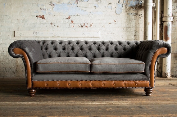 Chesterfield Sofa Mixed Material Slate Grey Velvet Tan Leather
